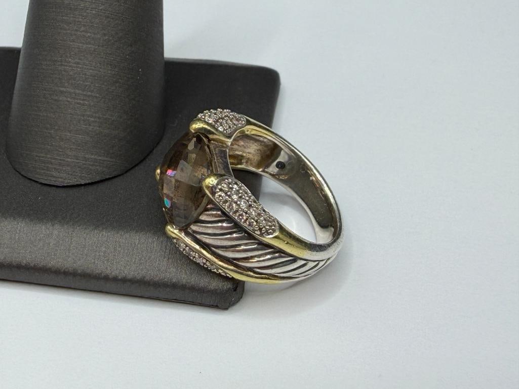 DAVID YURMAN DESIGNER SIGNED STERLING SILVER AND 18K YELLOW GOLD SMOKEY QUARTZ AND DIAMOND RING - 4
