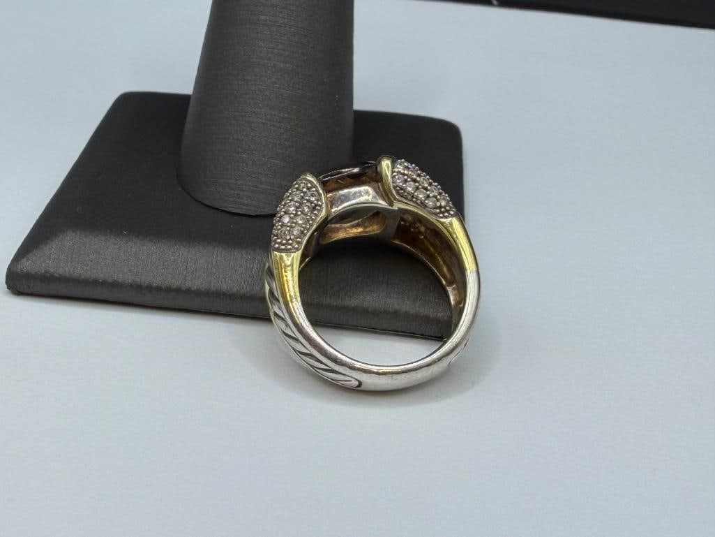 DAVID YURMAN DESIGNER SIGNED STERLING SILVER AND 18K YELLOW GOLD SMOKEY QUARTZ AND DIAMOND RING - 5