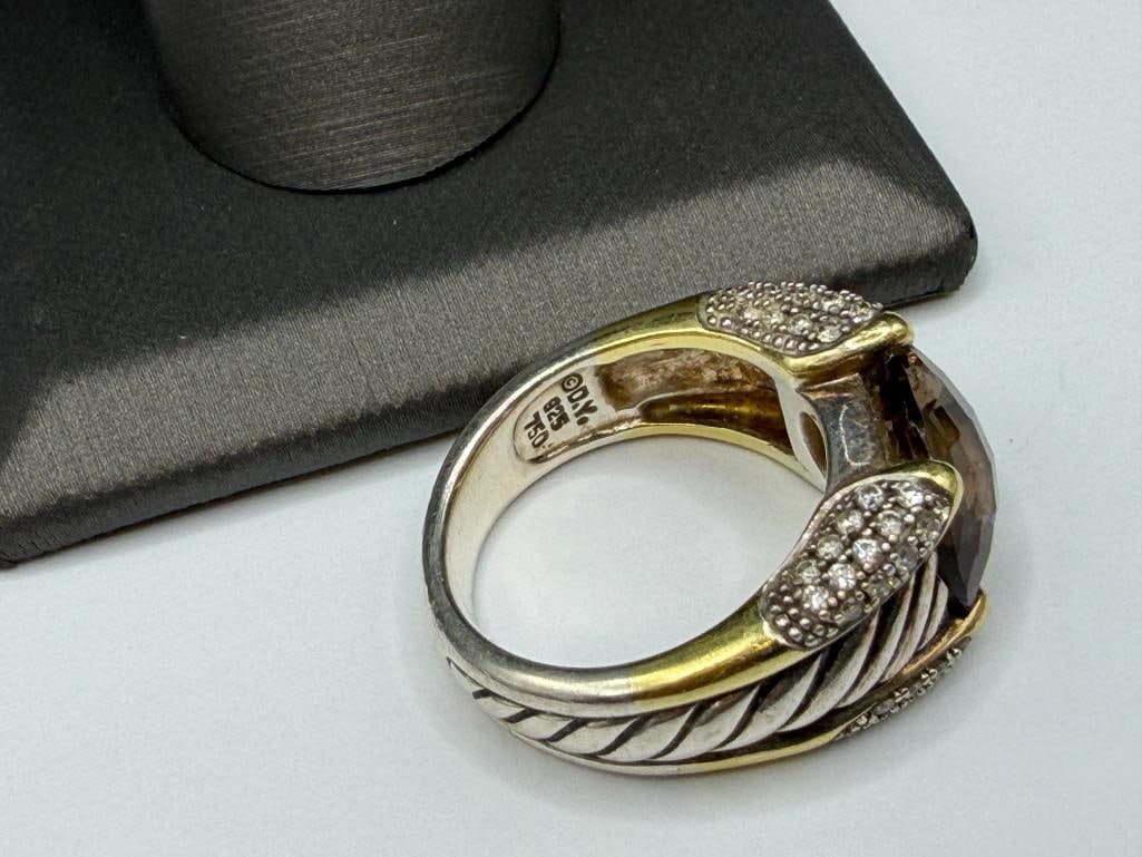 DAVID YURMAN DESIGNER SIGNED STERLING SILVER AND 18K YELLOW GOLD SMOKEY QUARTZ AND DIAMOND RING - 6