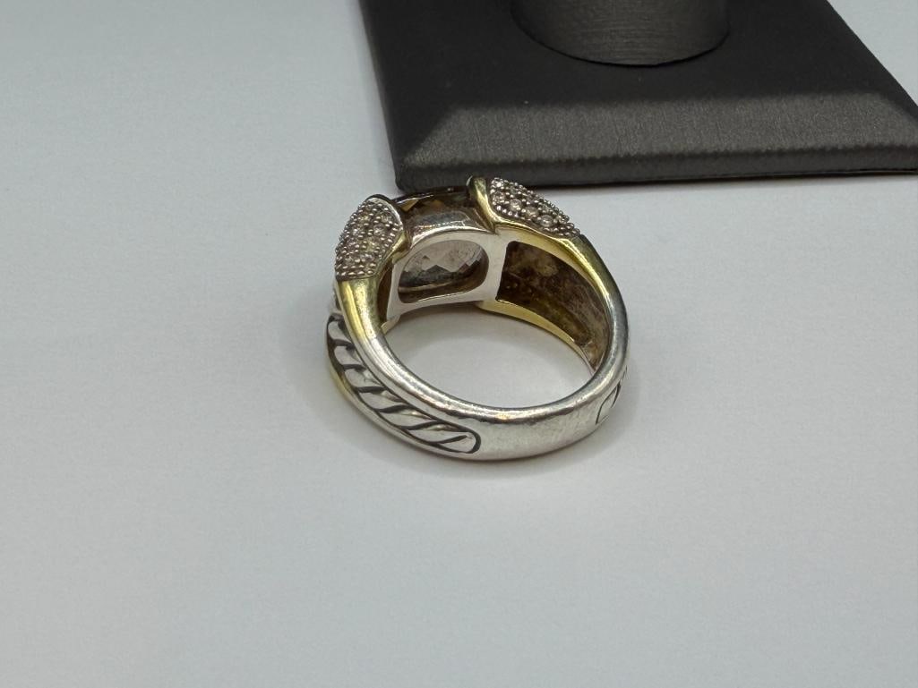 DAVID YURMAN DESIGNER SIGNED STERLING SILVER AND 18K YELLOW GOLD SMOKEY QUARTZ AND DIAMOND RING - 7