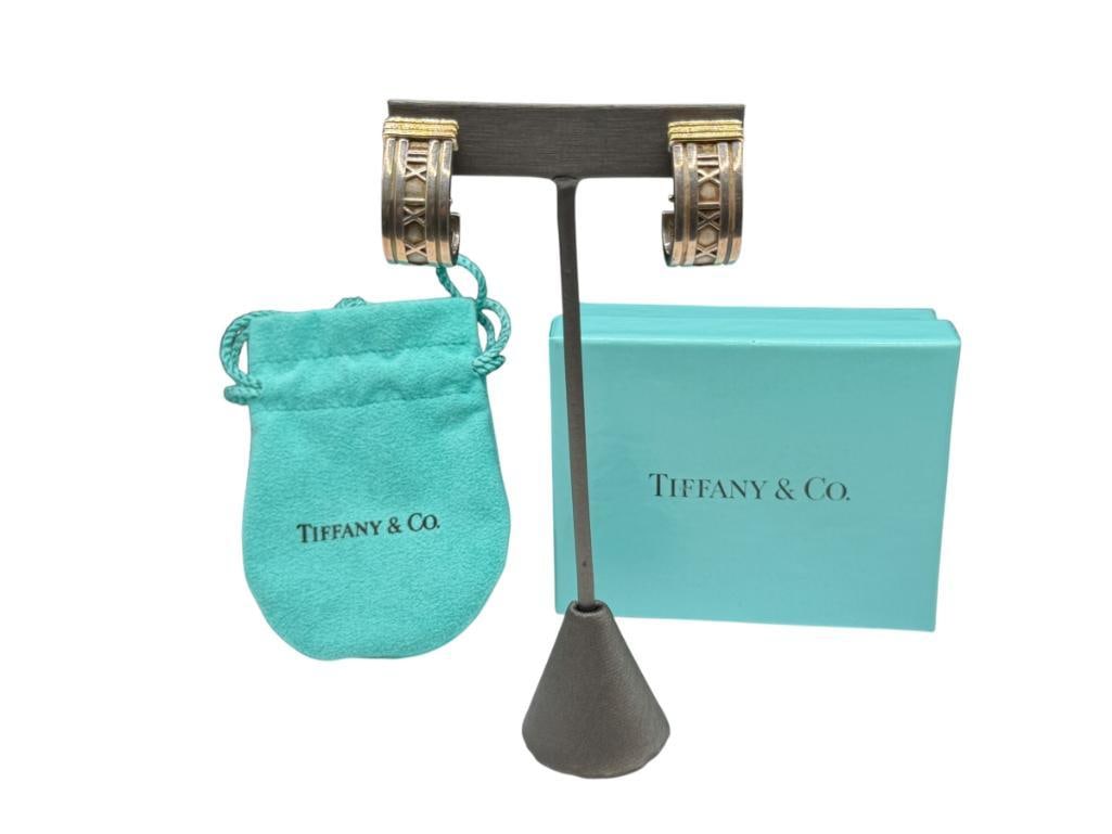 1996 TIFFANY & CO. DESIGNER SIGNED STERLING SILVER AND 18K GOLD EARRINGS: FEATURING OMEGA CLIP-BACKS, INCLUDES ORIGINAL BOX AND DRAWSTRING POUCH 1 1/8", 18.33 GRAMS