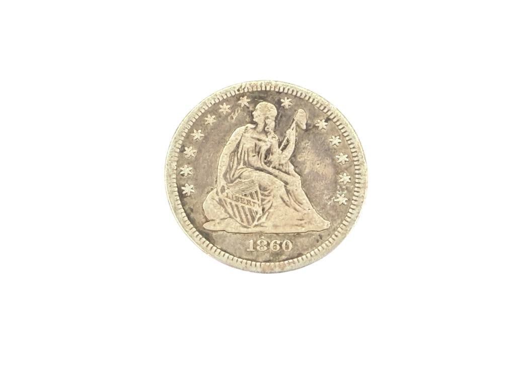 1860 U.S. SEATED LIBERTY SILVER QUARTER: 90% SILVER