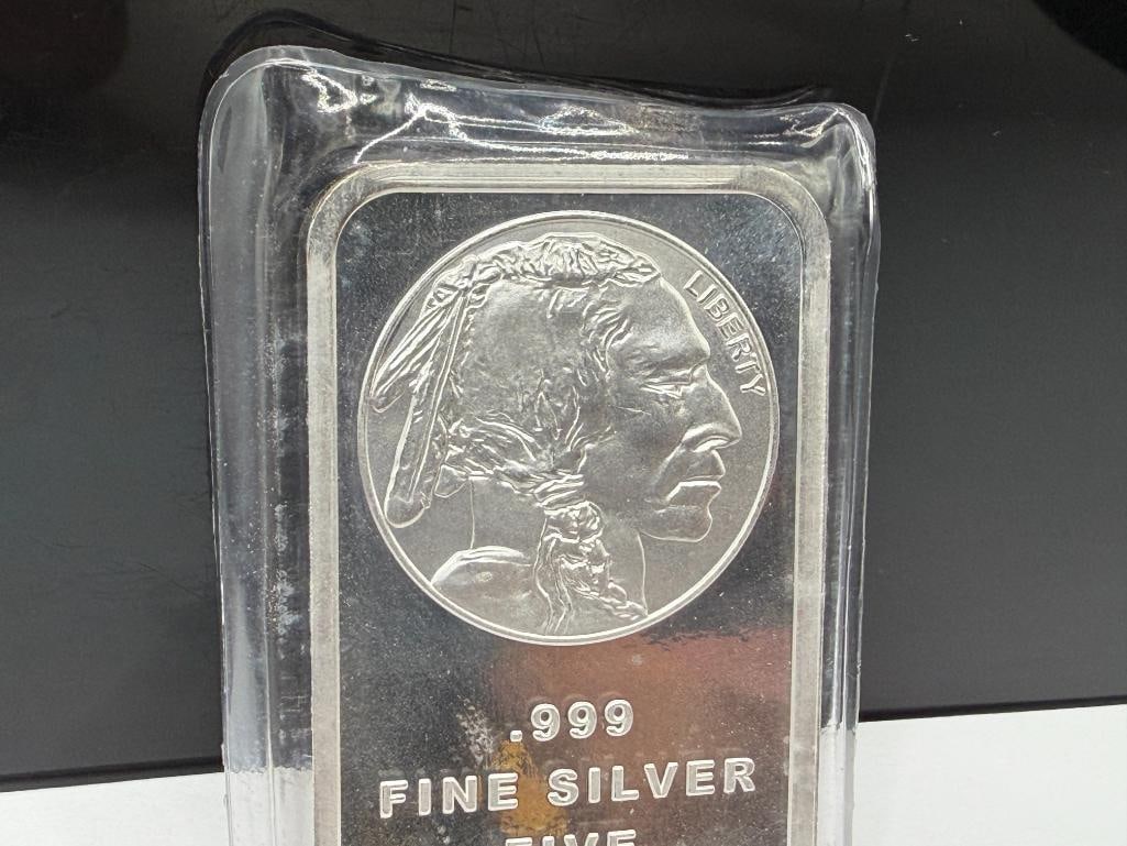 5 TROY OUNCE .999 FINE SILVER BAR FEATURING BUFFALO NICKEL DESIGN - 2