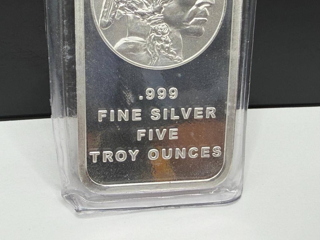 5 TROY OUNCE .999 FINE SILVER BAR FEATURING BUFFALO NICKEL DESIGN - 3