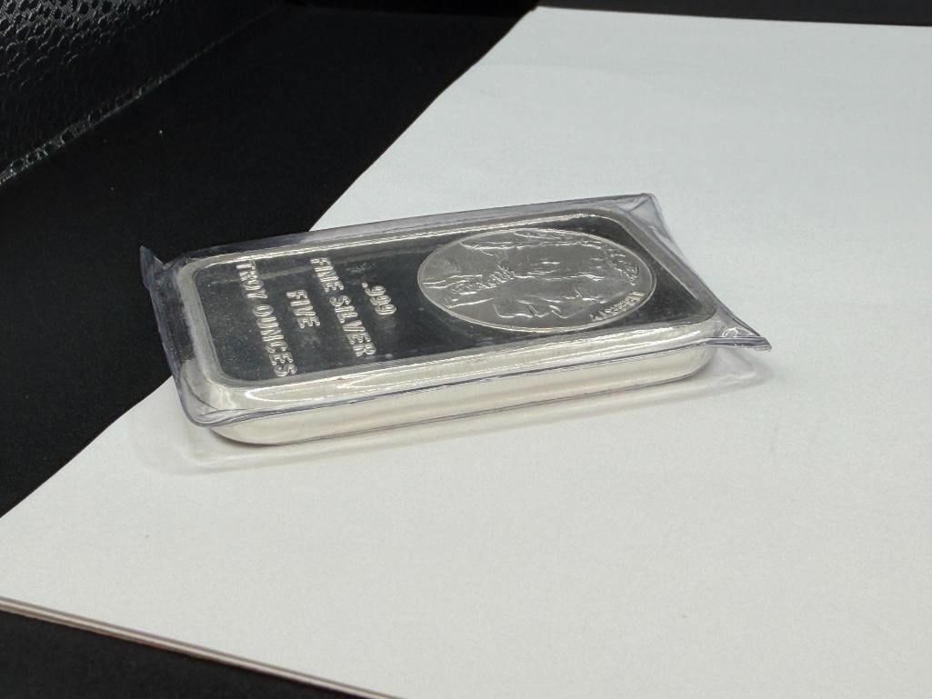 5 TROY OUNCE .999 FINE SILVER BAR FEATURING BUFFALO NICKEL DESIGN - 6