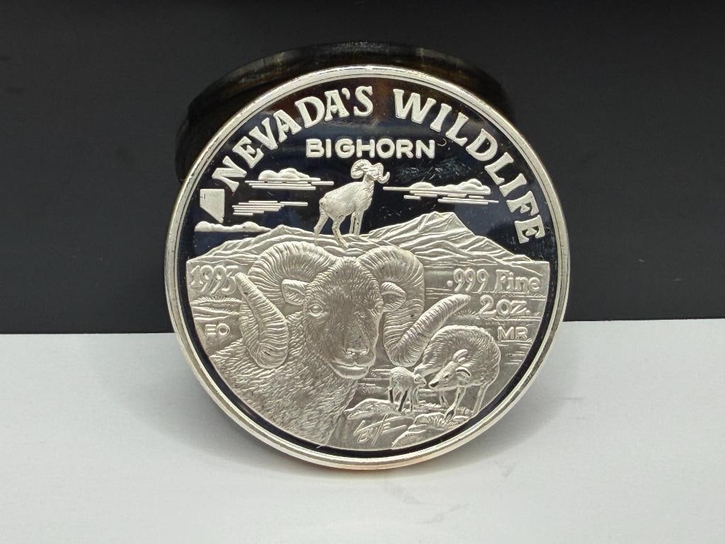 1993 NEVADA'S WILDLIFE " BIGHORN " THE GREAT SEAL OF NEVADA .999 FINE SILVER TWO TROY OUNCE ROUND - 4
