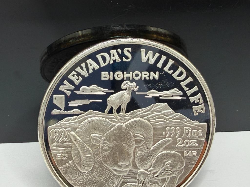 1993 NEVADA'S WILDLIFE " BIGHORN " THE GREAT SEAL OF NEVADA .999 FINE SILVER TWO TROY OUNCE ROUND - 5