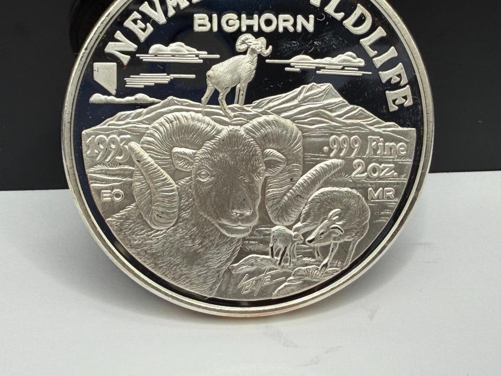 1993 NEVADA'S WILDLIFE " BIGHORN " THE GREAT SEAL OF NEVADA .999 FINE SILVER TWO TROY OUNCE ROUND - 6