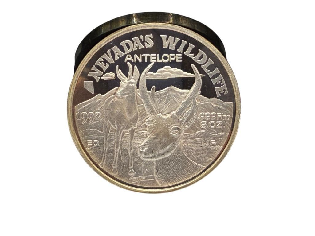 1992 NEVADA'S WILDLIFE " ANTELOPE " THE GREAT SEAL OF NEVADA .999 FINE SILVER TWO TROY OUNCE ROUND (1 of 7)