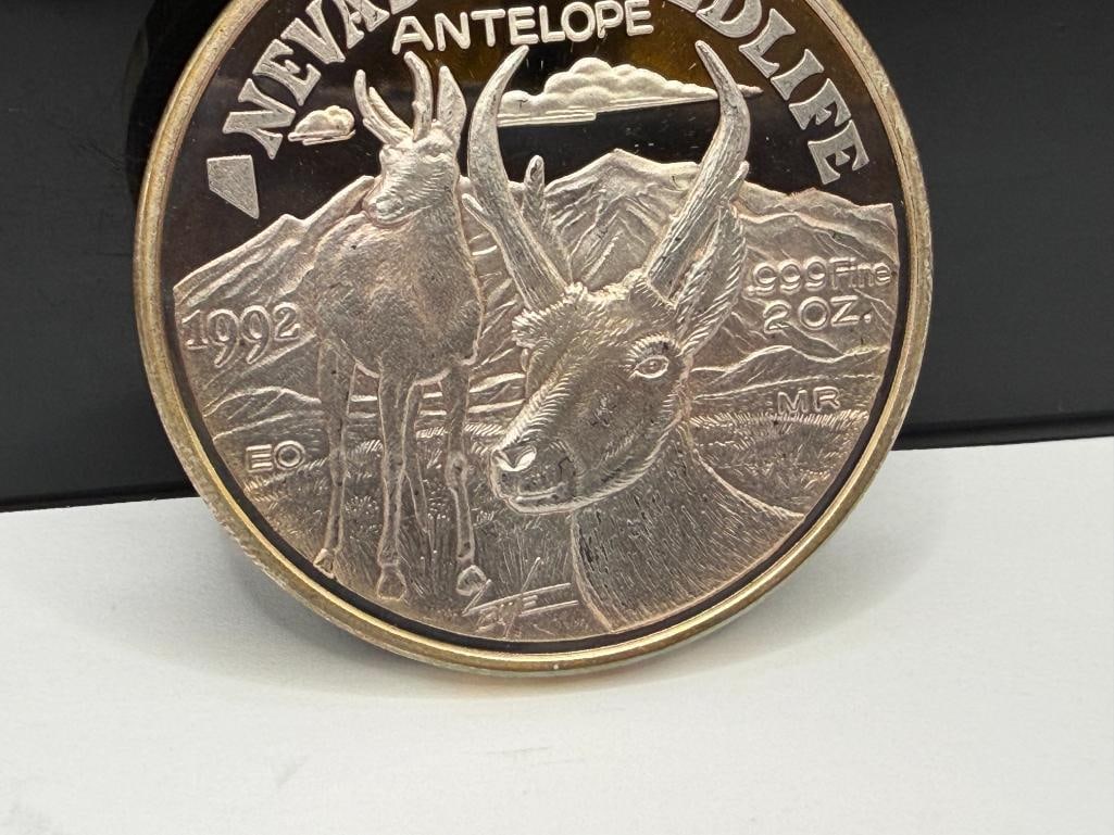 1992 NEVADA'S WILDLIFE " ANTELOPE " THE GREAT SEAL OF NEVADA .999 FINE SILVER TWO TROY OUNCE ROUND - 3