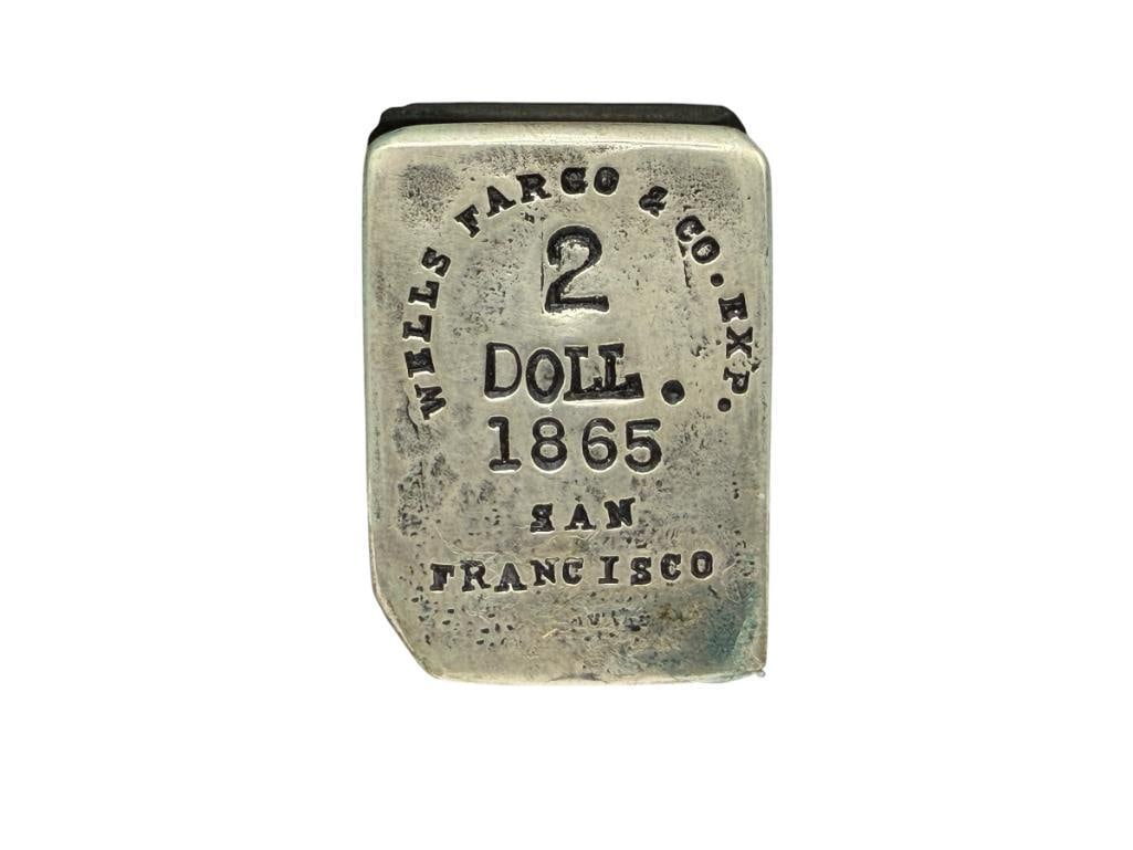 REPRODUCTION WELLS FARGO 1865 SAN FRANCISCO "2 DOLL." COIN SILVER BAR: W.F.&CO'S, 90% SILVER 1 5/8", 34.48 GRAMS