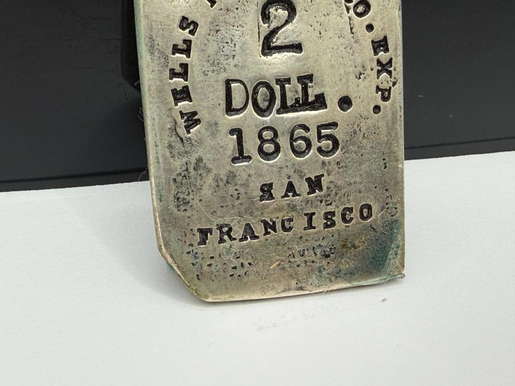 REPRODUCTION WELLS FARGO 1865 SAN FRANCISCO "2 DOLL." COIN SILVER BAR - 3