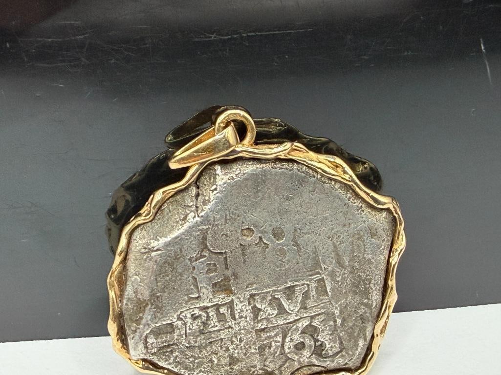 ATOCHA 8 REALES SPANISH " PIECE OF 8 " SILVER COIN IN 14K YELLOW GOLD PENDANT BEZEL - 2