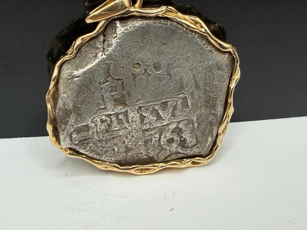 ATOCHA 8 REALES SPANISH " PIECE OF 8 " SILVER COIN IN 14K YELLOW GOLD PENDANT BEZEL - 3
