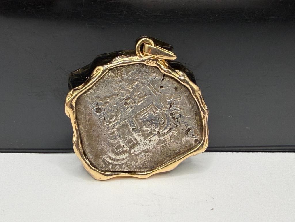 ATOCHA 8 REALES SPANISH " PIECE OF 8 " SILVER COIN IN 14K YELLOW GOLD PENDANT BEZEL - 4