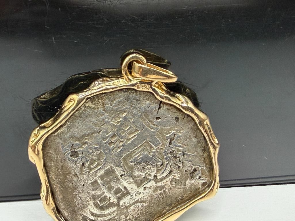 ATOCHA 8 REALES SPANISH " PIECE OF 8 " SILVER COIN IN 14K YELLOW GOLD PENDANT BEZEL - 5