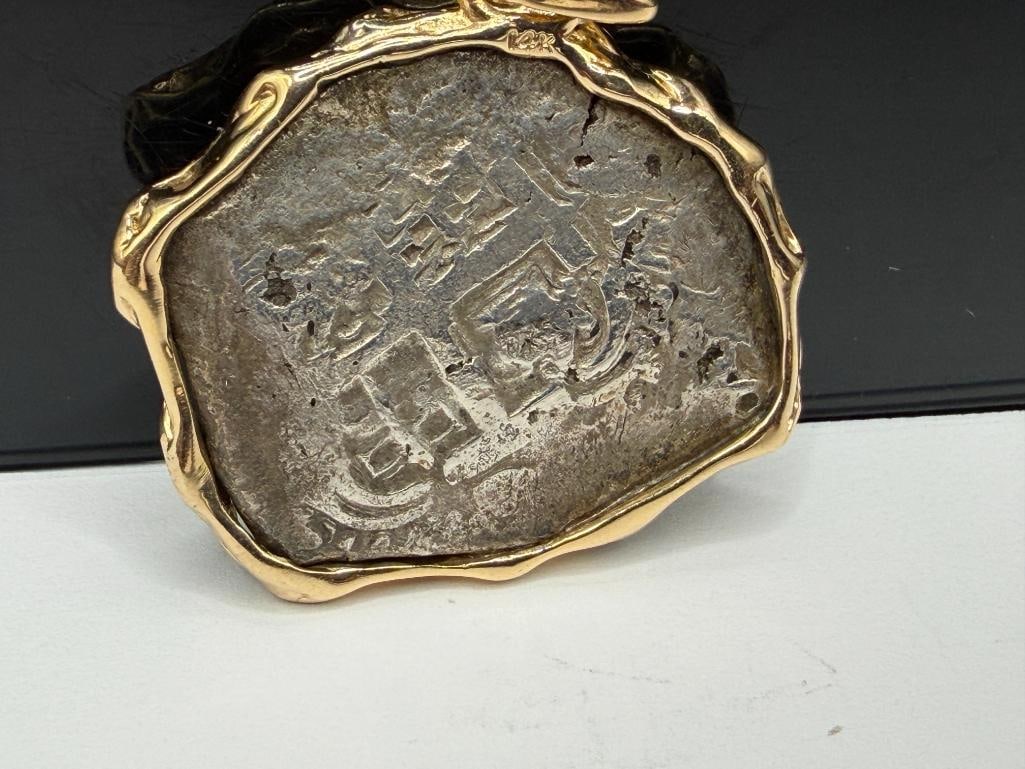 ATOCHA 8 REALES SPANISH " PIECE OF 8 " SILVER COIN IN 14K YELLOW GOLD PENDANT BEZEL - 6