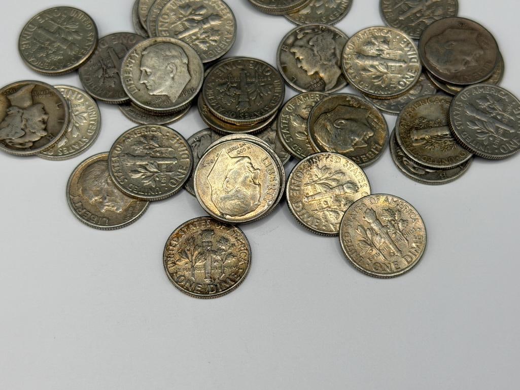 40 ASSORTED U.S. MERCURY AND ROOSEVELT 90% SILVER DIMES - 2