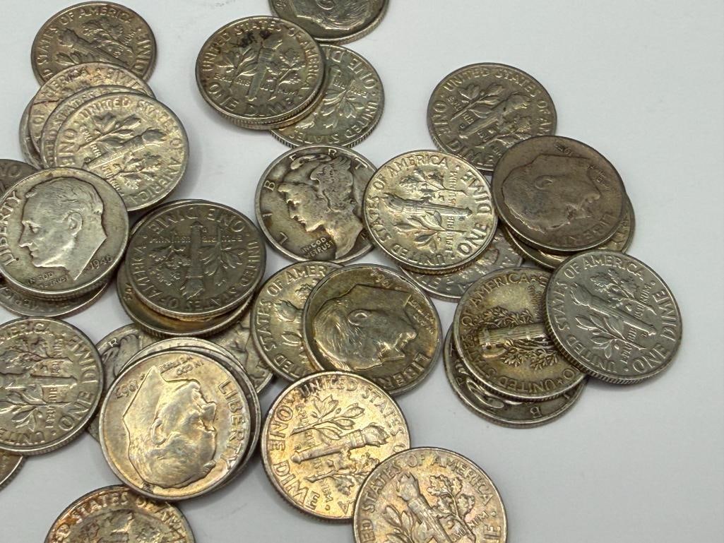 40 ASSORTED U.S. MERCURY AND ROOSEVELT 90% SILVER DIMES - 3