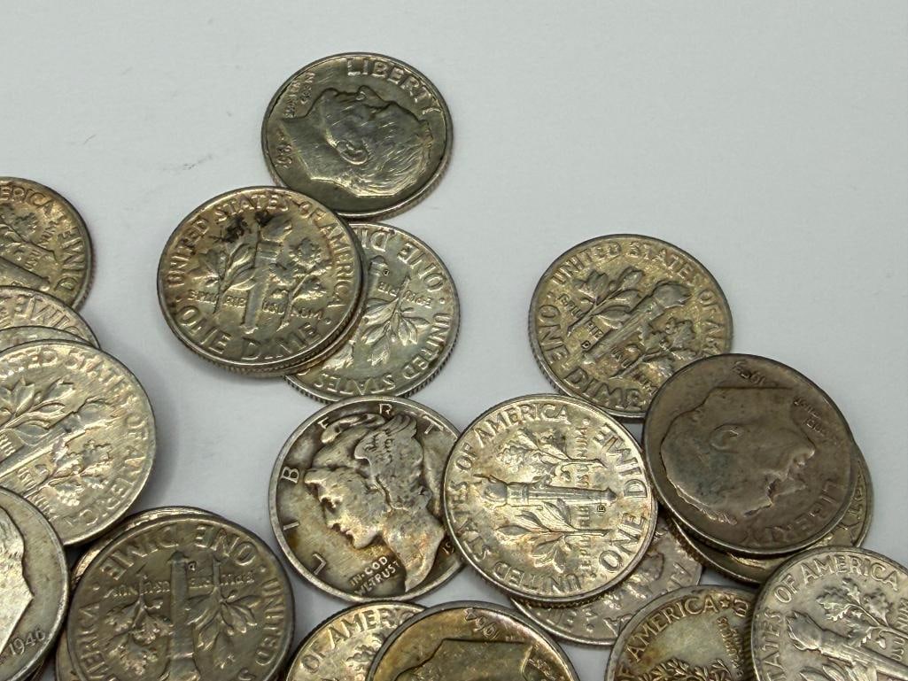 40 ASSORTED U.S. MERCURY AND ROOSEVELT 90% SILVER DIMES - 4