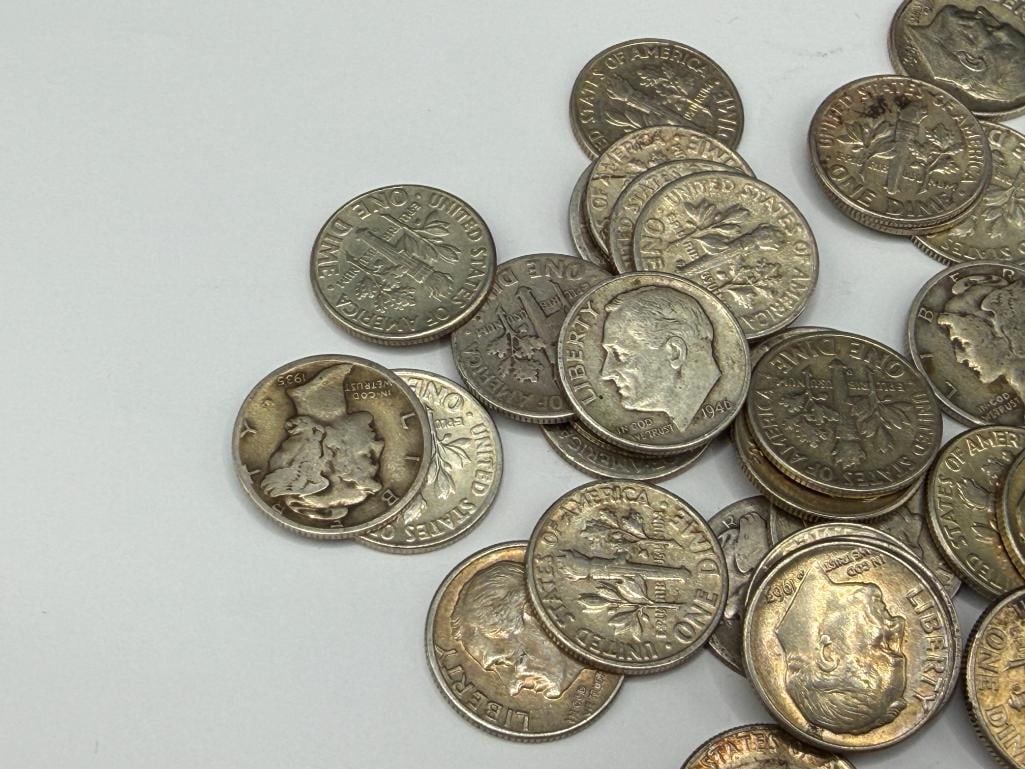 40 ASSORTED U.S. MERCURY AND ROOSEVELT 90% SILVER DIMES - 5