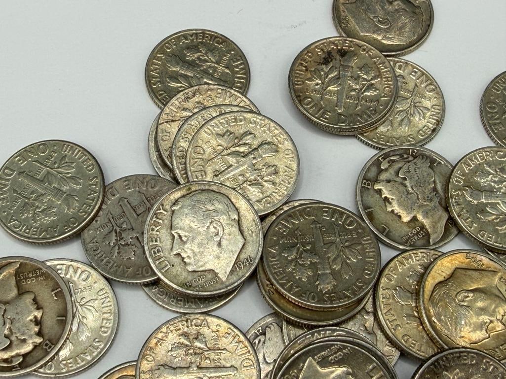 40 ASSORTED U.S. MERCURY AND ROOSEVELT 90% SILVER DIMES - 6