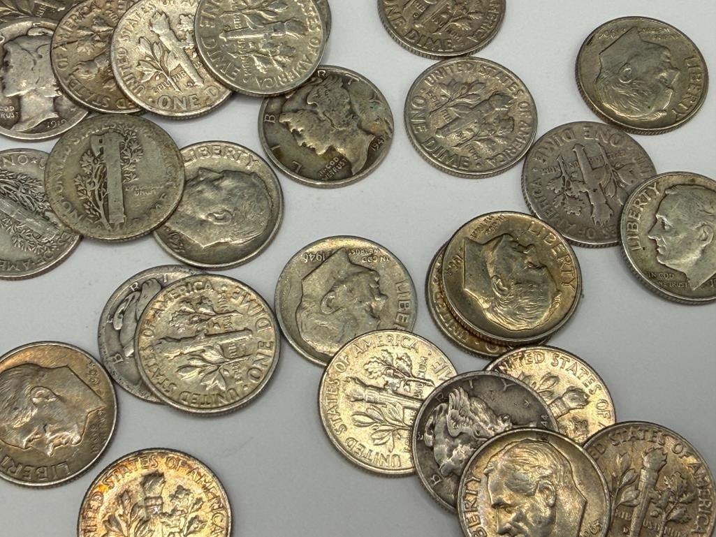40 ASSORTED U.S. MERCURY AND ROOSEVELT 90% SILVER DIMES - 7