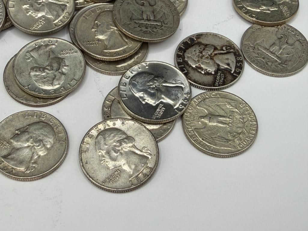 27 ASSORTED U.S. WASHINGTON 90% SILVER QUARTERS AND A 1928 U.S. STANDING LIBERTY 90% SILVER QUARTER - 2