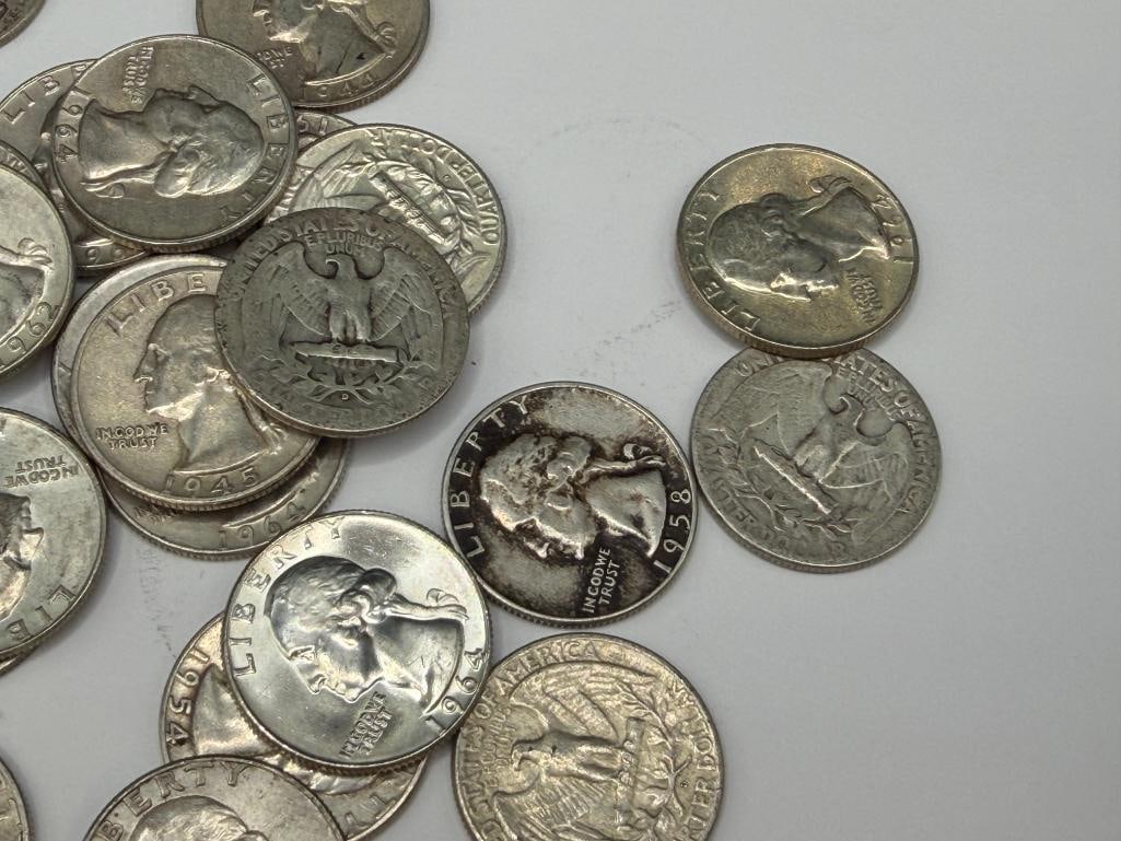 27 ASSORTED U.S. WASHINGTON 90% SILVER QUARTERS AND A 1928 U.S. STANDING LIBERTY 90% SILVER QUARTER - 3