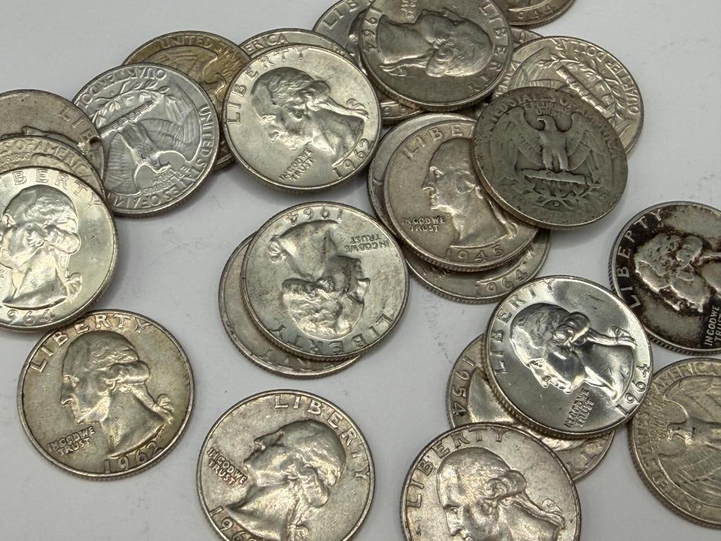 27 ASSORTED U.S. WASHINGTON 90% SILVER QUARTERS AND A 1928 U.S. STANDING LIBERTY 90% SILVER QUARTER - 4