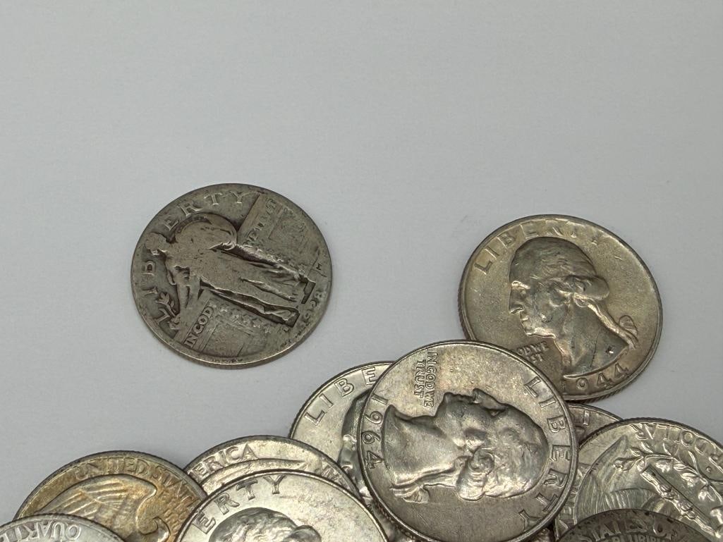 27 ASSORTED U.S. WASHINGTON 90% SILVER QUARTERS AND A 1928 U.S. STANDING LIBERTY 90% SILVER QUARTER - 6
