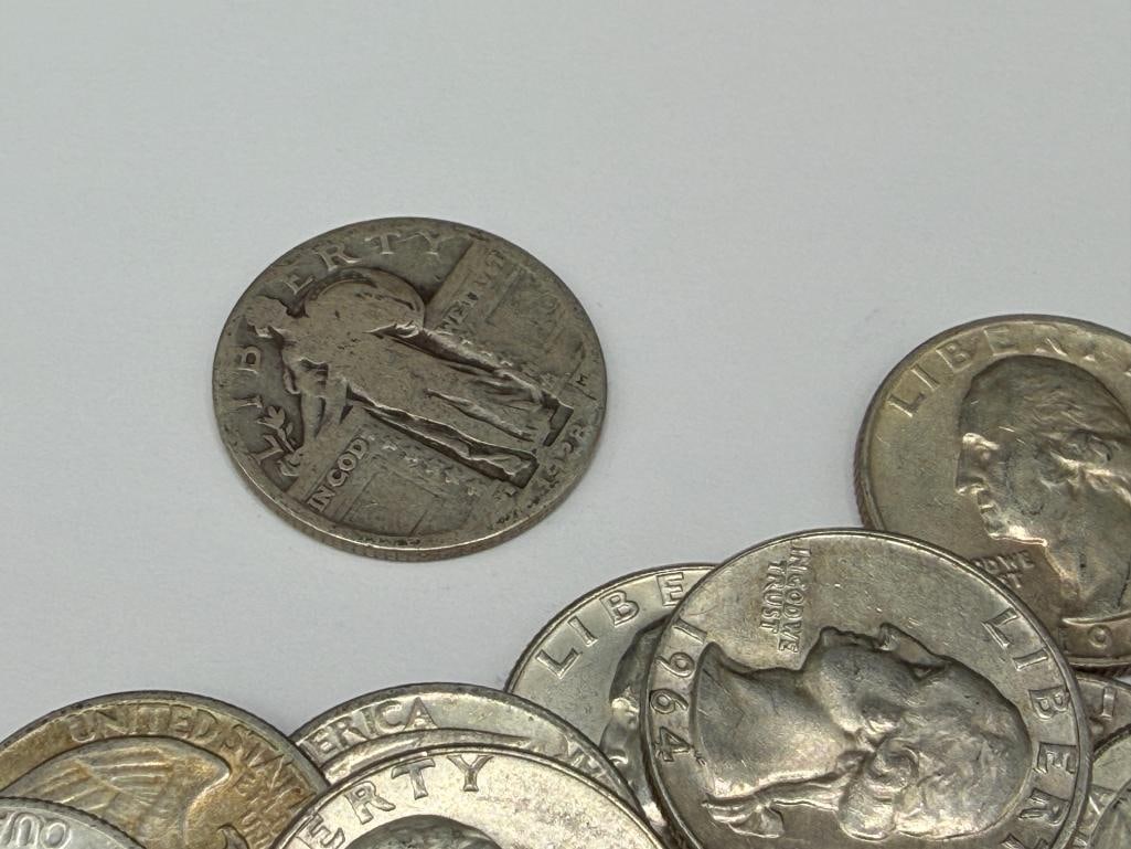 27 ASSORTED U.S. WASHINGTON 90% SILVER QUARTERS AND A 1928 U.S. STANDING LIBERTY 90% SILVER QUARTER - 7