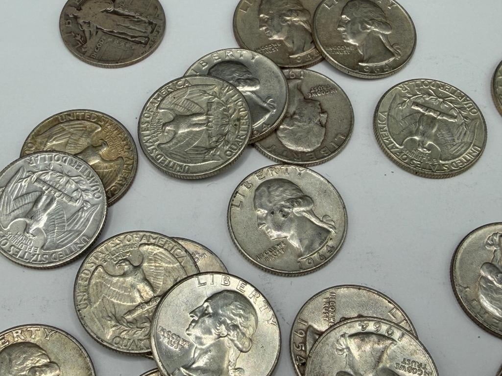 27 ASSORTED U.S. WASHINGTON 90% SILVER QUARTERS AND A 1928 U.S. STANDING LIBERTY 90% SILVER QUARTER - 8