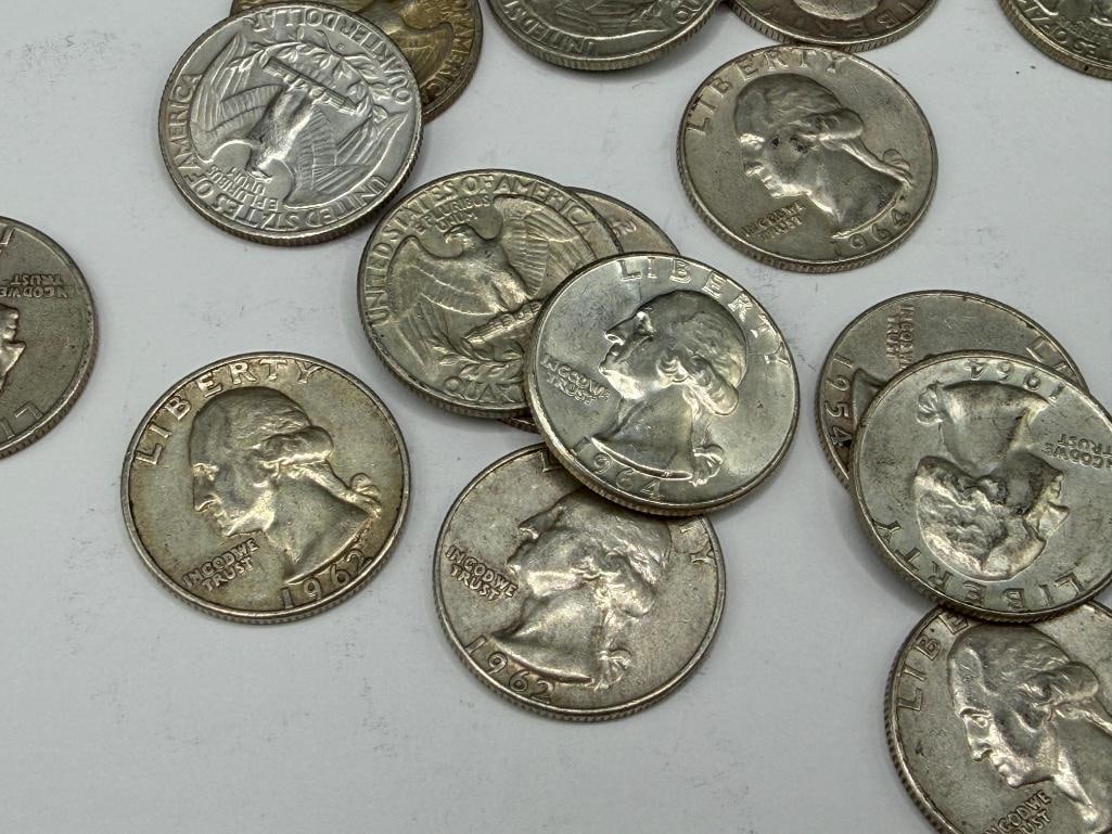 27 ASSORTED U.S. WASHINGTON 90% SILVER QUARTERS AND A 1928 U.S. STANDING LIBERTY 90% SILVER QUARTER - 9