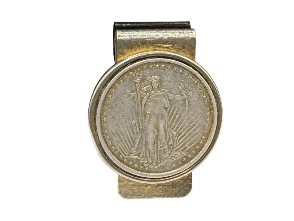 STANDING LIBERTY SILVER TRADE DOLLAR DESIGN ENCASED IN SILVER TONED BELT BUCKLE: COIN IS NOT AUTHENTIC 2 1/4"