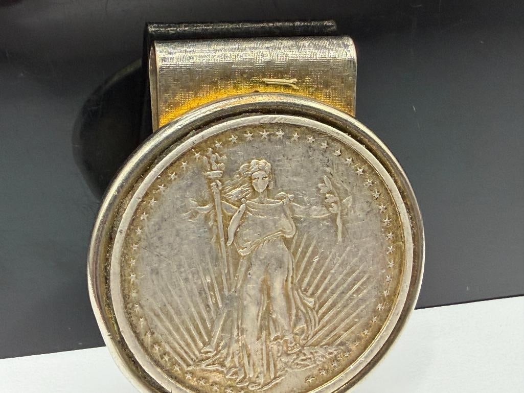STANDING LIBERTY SILVER TRADE DOLLAR DESIGN ENCASED IN SILVER TONED BELT BUCKLE - 2
