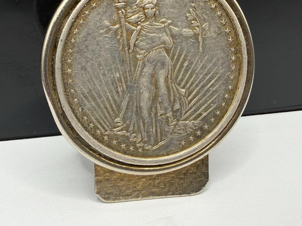 STANDING LIBERTY SILVER TRADE DOLLAR DESIGN ENCASED IN SILVER TONED BELT BUCKLE - 3