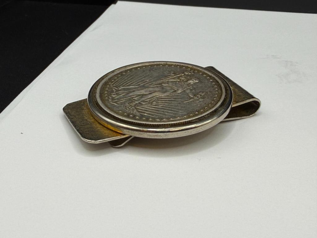 STANDING LIBERTY SILVER TRADE DOLLAR DESIGN ENCASED IN SILVER TONED BELT BUCKLE - 4