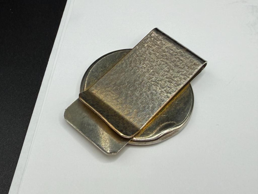 STANDING LIBERTY SILVER TRADE DOLLAR DESIGN ENCASED IN SILVER TONED BELT BUCKLE - 5
