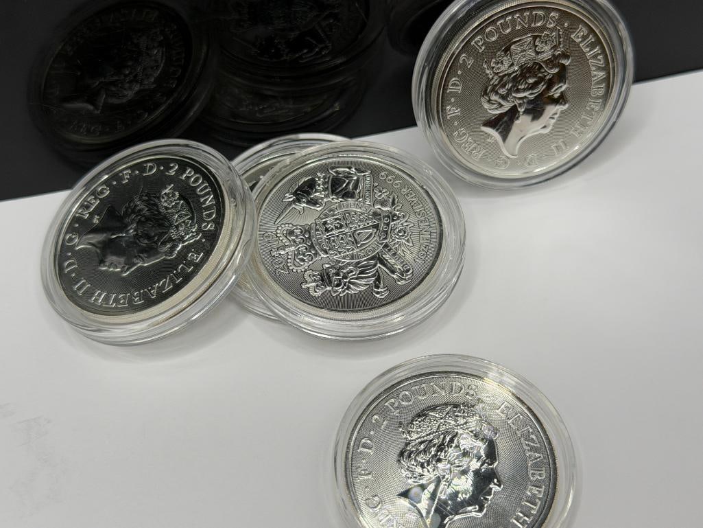 FIVE UNCIRCULATED 2019 QUEEN ELIZABETH II TWO POUNDS .999 FINE SILVER COINS - 8