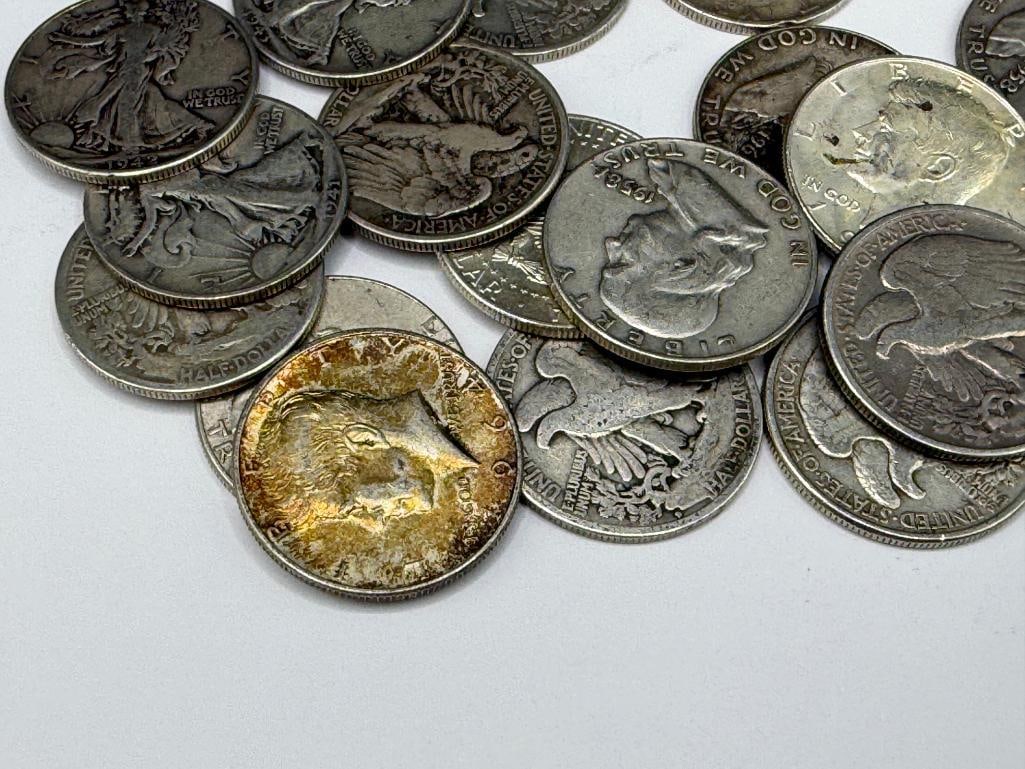 18 ASSORTED U.S. 90% SILVER HALF DOLLARS INCLUDING FRANKLIN, KENNEDY, AND WALKING LIBERTY HAVLES - 2