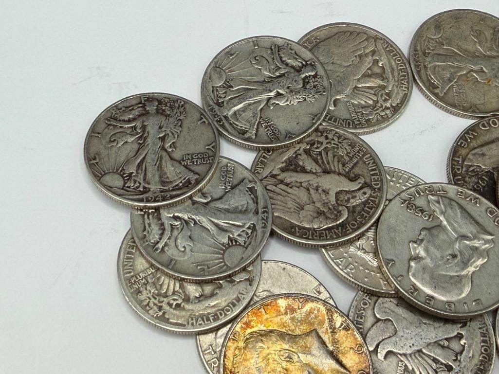 18 ASSORTED U.S. 90% SILVER HALF DOLLARS INCLUDING FRANKLIN, KENNEDY, AND WALKING LIBERTY HAVLES - 3