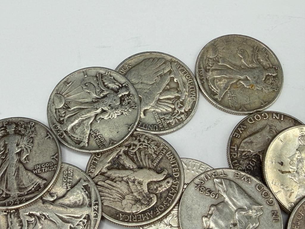 18 ASSORTED U.S. 90% SILVER HALF DOLLARS INCLUDING FRANKLIN, KENNEDY, AND WALKING LIBERTY HAVLES - 4