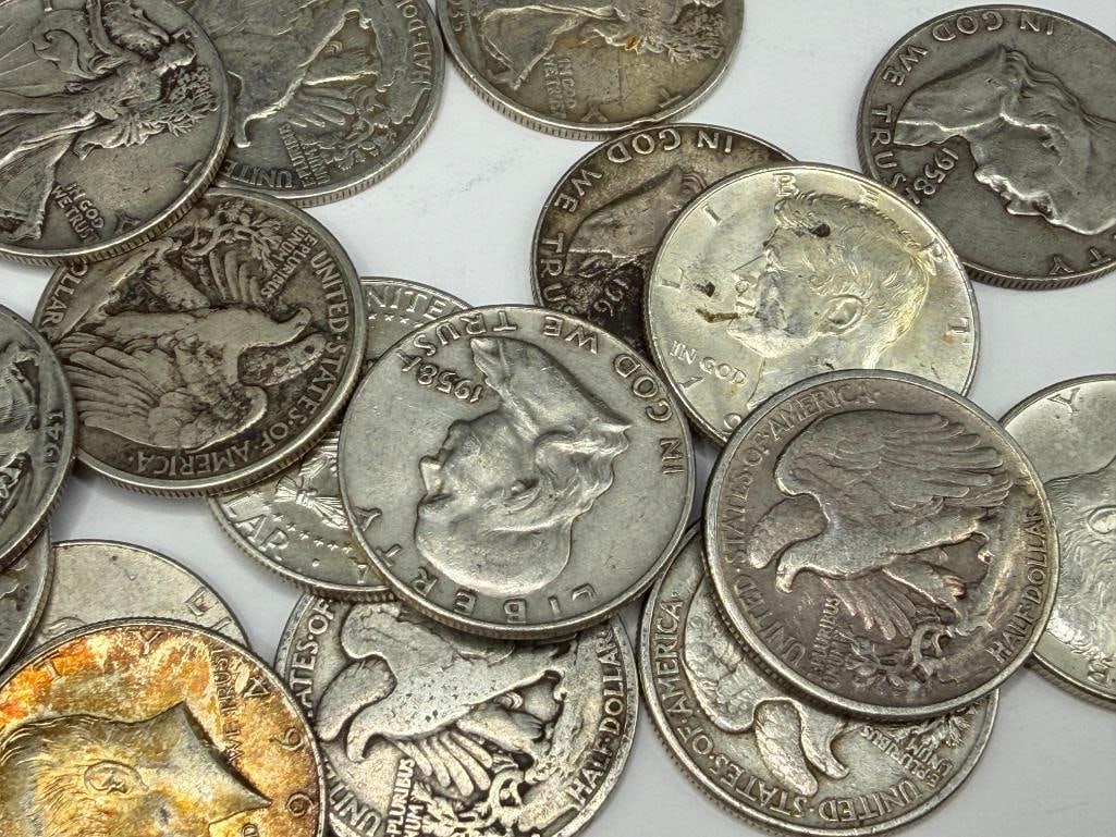 18 ASSORTED U.S. 90% SILVER HALF DOLLARS INCLUDING FRANKLIN, KENNEDY, AND WALKING LIBERTY HAVLES - 5