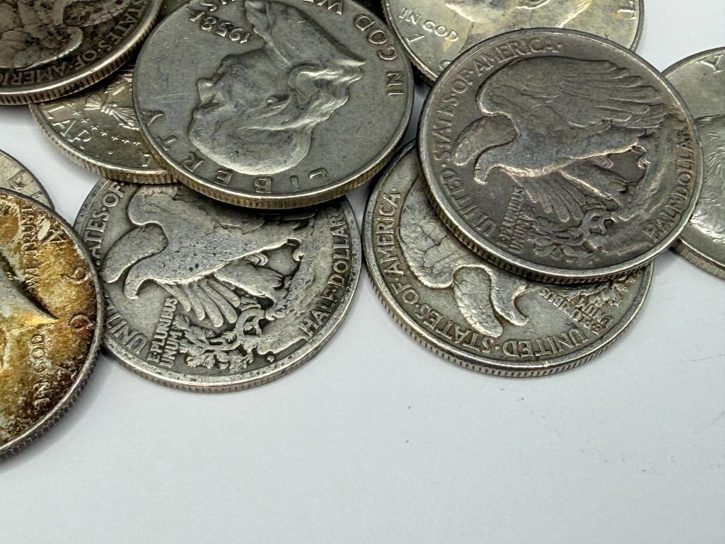 18 ASSORTED U.S. 90% SILVER HALF DOLLARS INCLUDING FRANKLIN, KENNEDY, AND WALKING LIBERTY HAVLES - 7