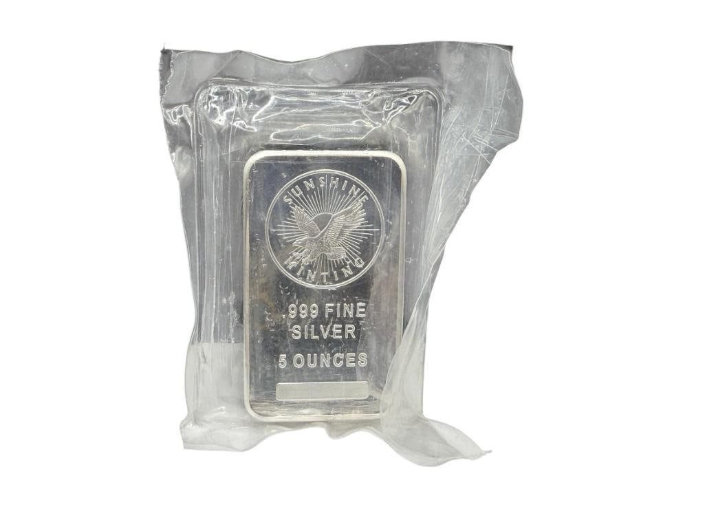 FIVE TROY OUNCE .999 FINE SILVER BAR BY SUNSHINE MINTING (1 of 5)