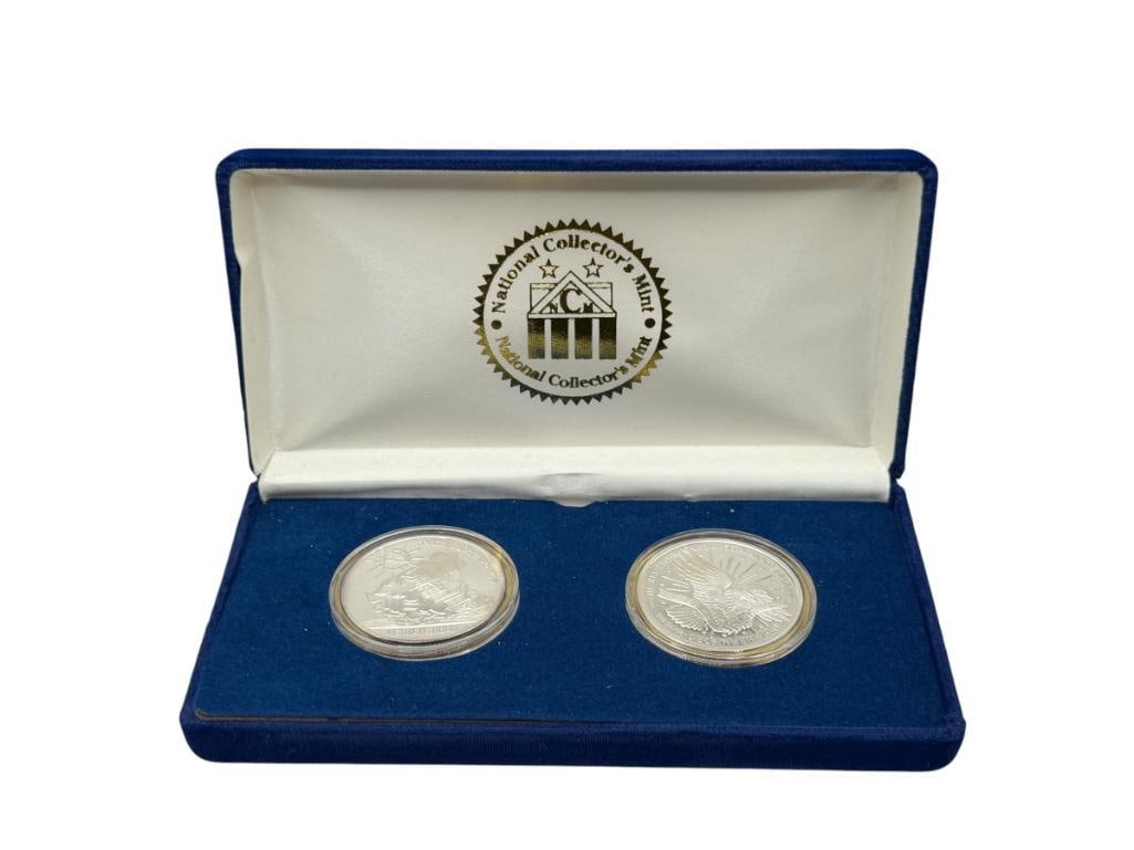 2001 NATIONAL COLLECTOR'S MINT 60TH ANNIVERSARY PEARL HARBOR .999 FINE SILVER ROUNDS: IN FELT LINED BLUE CASE, "IN REMEMBRANCE DECEMBER 7TH, 1941" 1 TROY OUNCE EACH