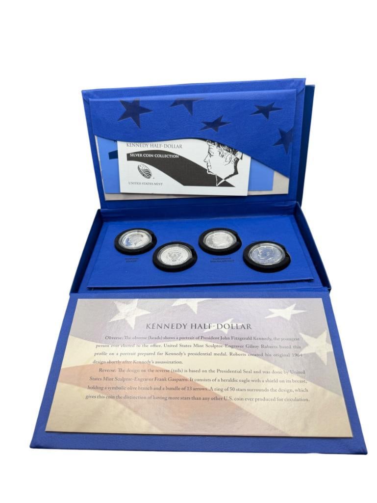 2014 U.S. 50TH ANNIVERSARY KENNEDY HALF-DOLLAR SILVER COIN COLLECTION FEATURING FOUR HALF DOLLARS: EACH HALF DOLLAR IS 90% SILVER, INCLUDES REVERSE PROOF, ENHANCED UNCIRCULATED, PROOF, AND UNCIRCULATED COINS, INCLUDES ORIGINAL BOX, CASE, AND CERTIFICATE OF AUTHENTICITY 12.50 GRAMS EACH