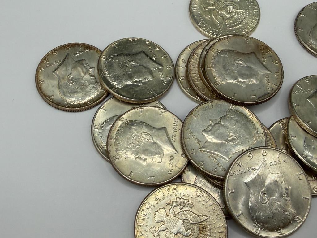 $10 ROLL OF UNCIRICLATED 1964 U.S. KENNEDY 90% SIVER HALF DOLLARS - 5