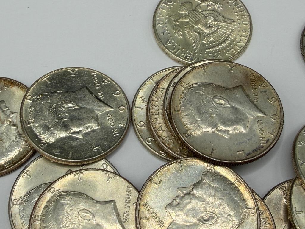 $10 ROLL OF UNCIRICLATED 1964 U.S. KENNEDY 90% SIVER HALF DOLLARS - 6
